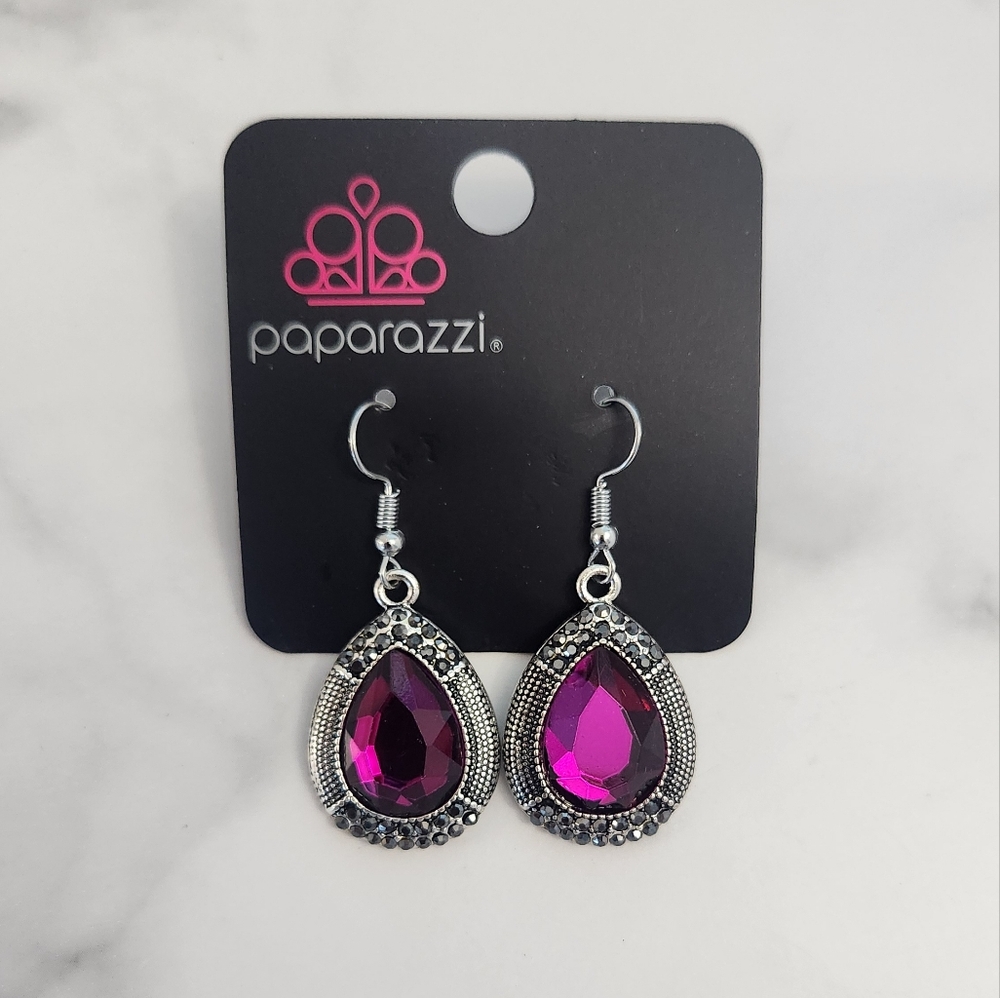 Paparazzi Magenta Teardrop Earrings Silver Setting Purple Crystal Dangle - Picture 4 of 9